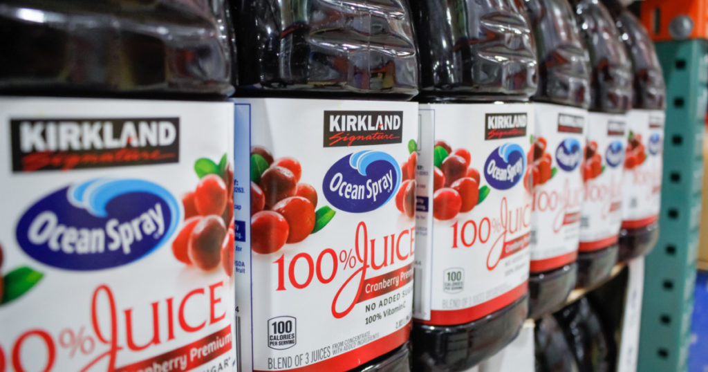 Los Angeles, California, United States - 02-19-2020: A view of several containers of Kirkland Signature Ocean Spray Cranberry Juice, on display at a local Costco.
