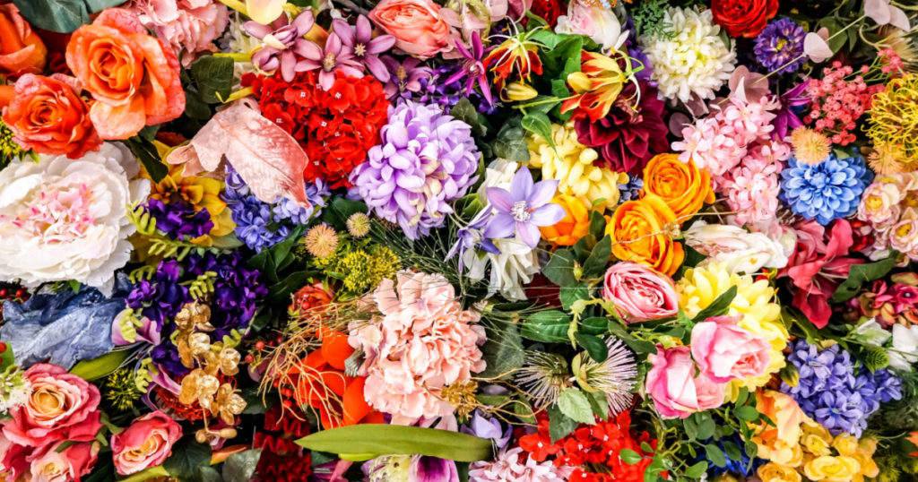 Mixed colorful flowers background. Vibrant colors of mixed flowers backdrop
