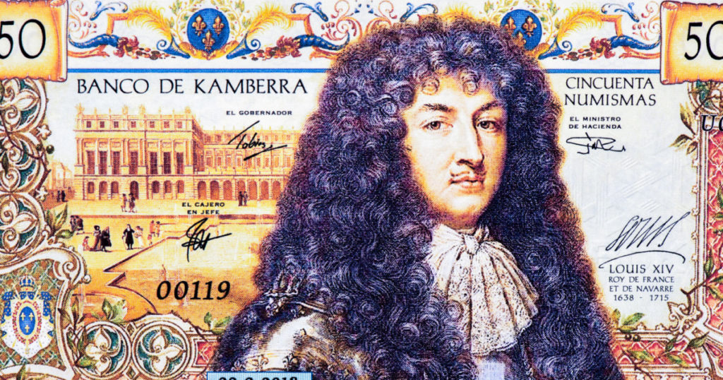 King Louis XIV, Portrait from Kamberra 50 Numismas, 2018 Banknotes.
