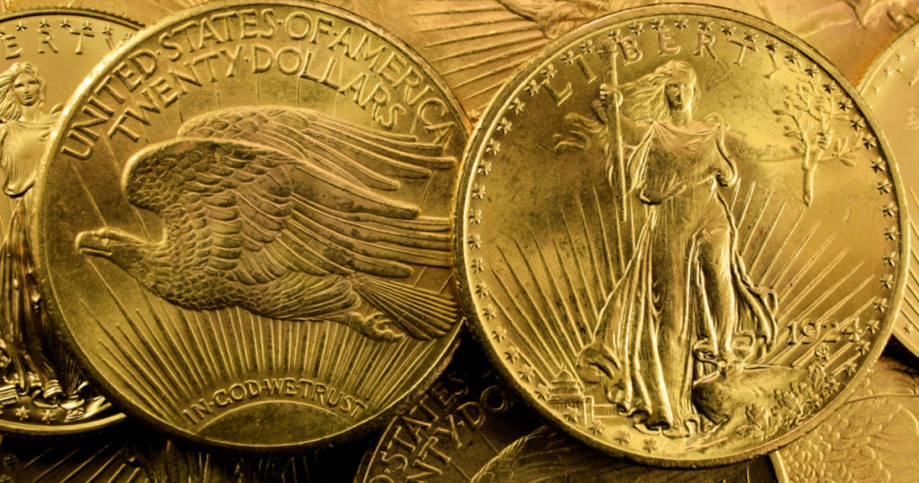 American Double Eagle Gold Coin Liberty 1924, 20 dollars, numismatics, stacked
