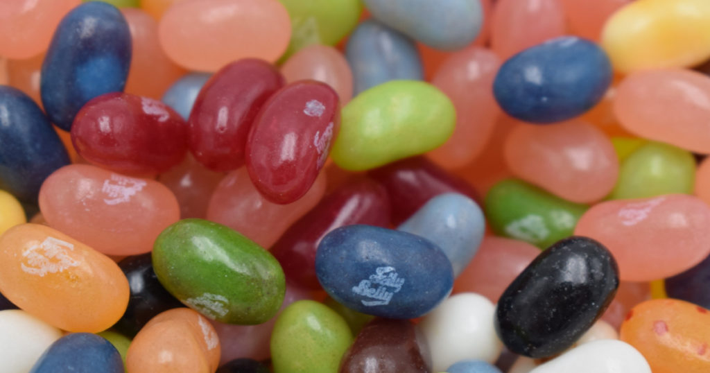 Kongsvinger, Norway 31 march 2023: Jelly Belly jelly beans candy mixtures snacks in a glass bowl serving at party
