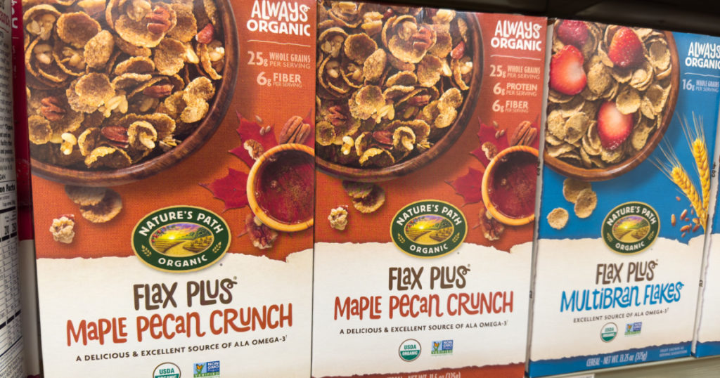 San Jose, CA - June 22, 2023: Boxes of Natures Path Organic Flax Plus variety of breakfast cereals on supermarket shelf.

