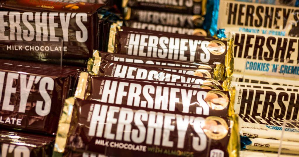 SINGAPORE - November 10, 2017 : Hershey's chocolate on the shelf for selling. Hershey's was founded in 1894 and is the largest chocolate manufacturer in North America.
