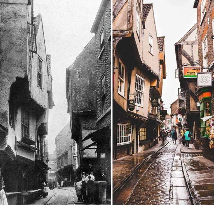 The Shambles in York, UK: A Source of Inspiration for Diagon Alley in Harry Potter. Comparison between the late 1800s and the present day