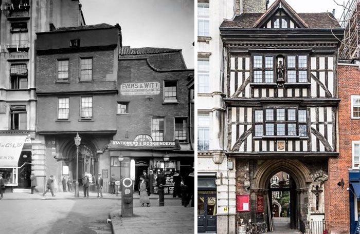 St. Bartholomew-The-Great's Gatehouse: Revealed its Tudor Facade in 1916 due to a WW1 Zeppelin raid, restored to its present appearance