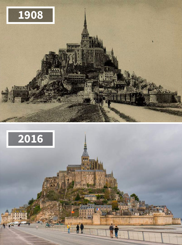 Horse Cart and Steam Locomotive, Mont Saint-Michel, France: 1908 to 2016