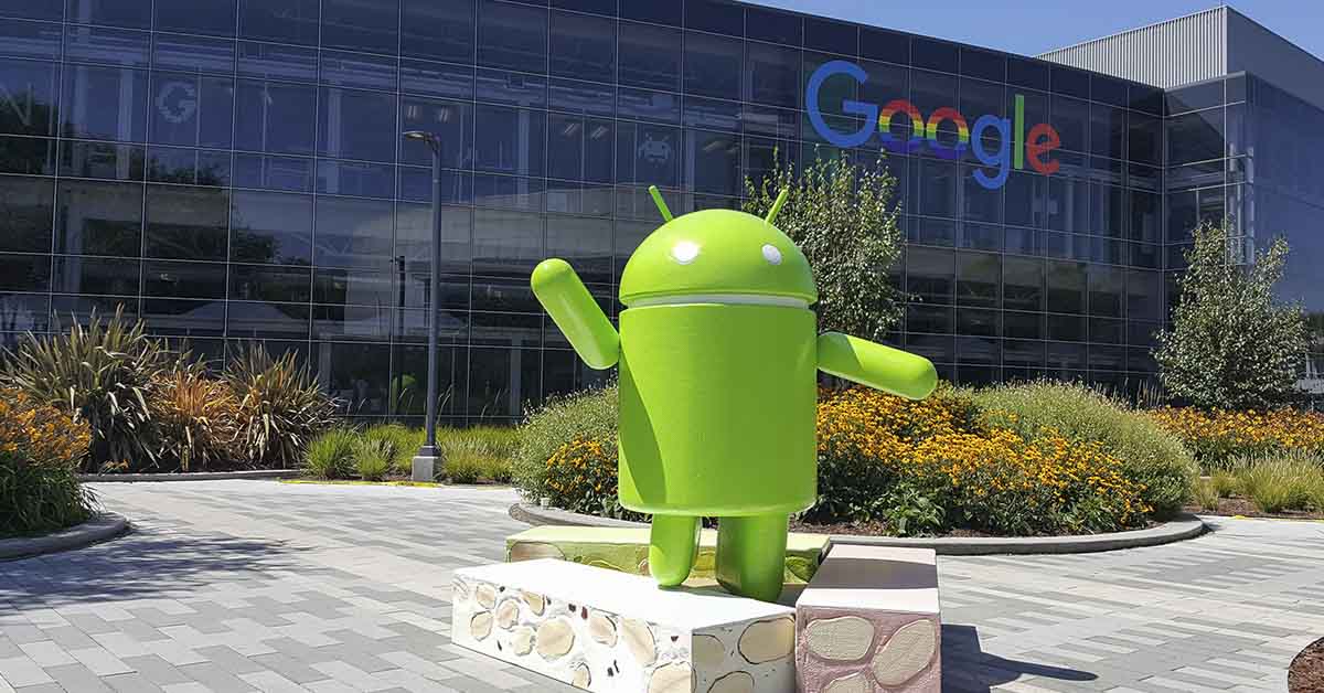 Android green robot mascot outside of Google Headquarters
