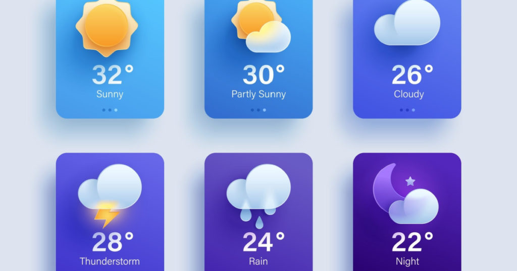 Website or mobile app ui icon set for weather forecast. 3d modern glass morphism design.
