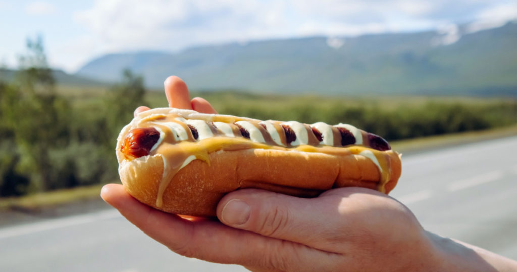 Man hand holding tasty local Icelandic food hot dog called pylsur outdoors in nature. Also called Pylsa or Pulsa.
