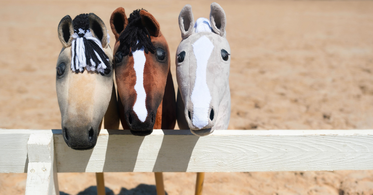 Three hobby horses are waiting for the riders. Equestrian sports. Equestrian equipment. Sports. Summer. The sun. Banner. Outdoors. Close-up
