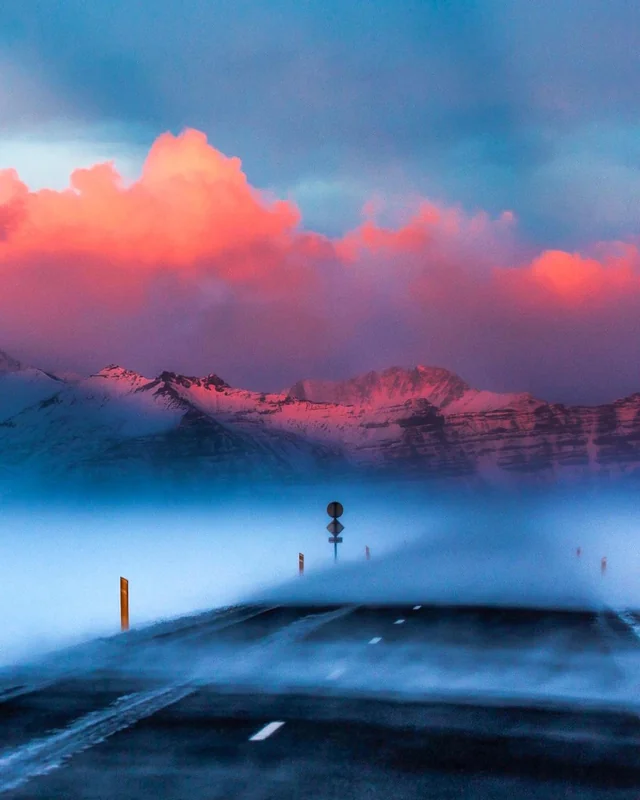 A sunset snowstorm in Iceland