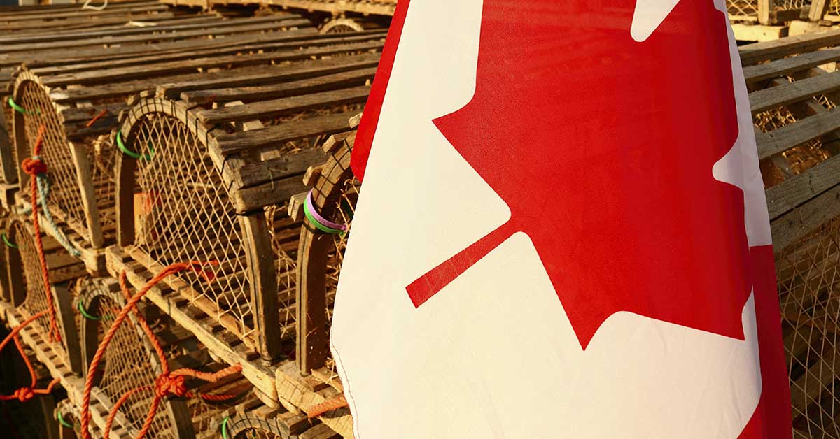 Lobster traps and a Canadian flag. Lobster fishing concept