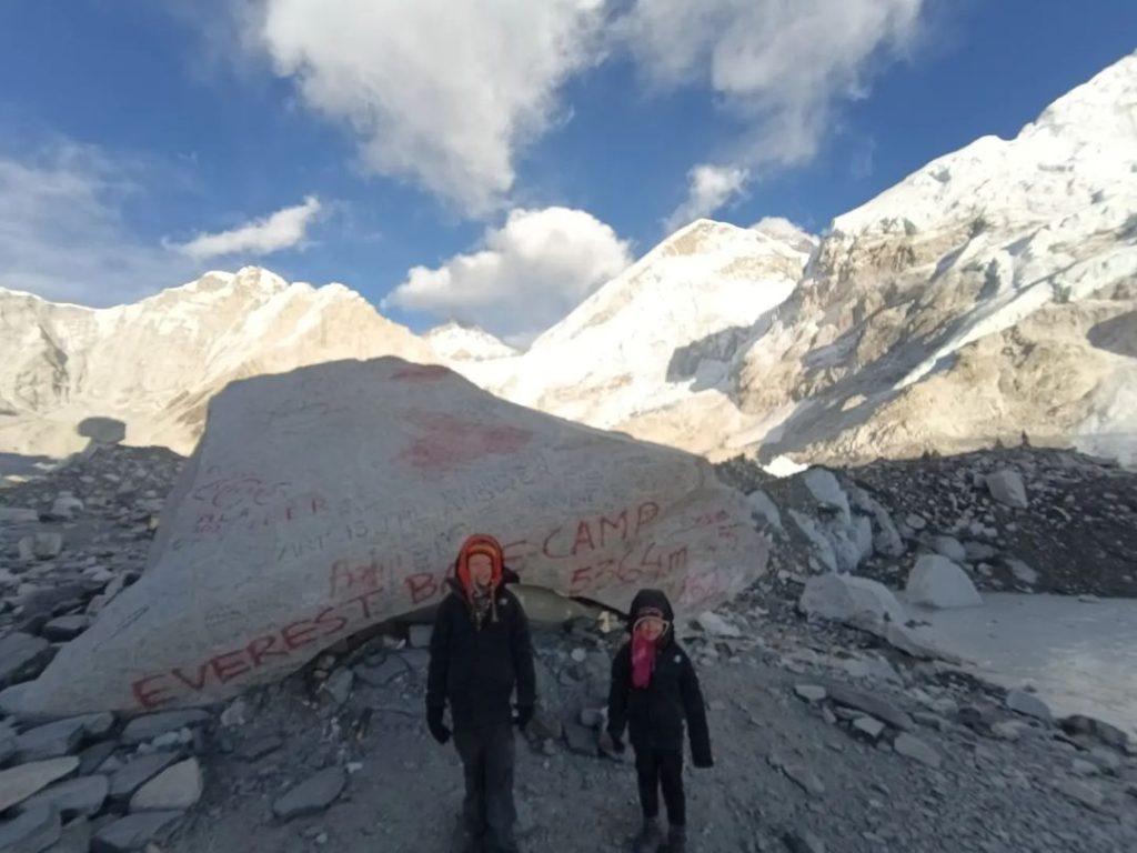 4-year-old Zara (right) with her 7-year-old brother at the Everest Base Camp