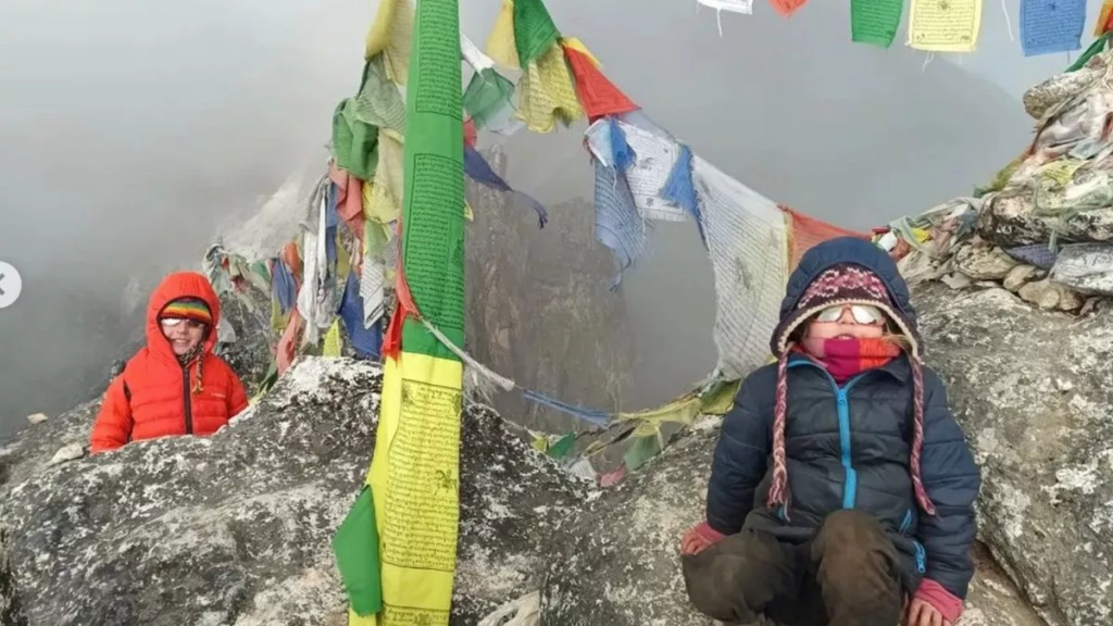 4-year-old Zara (right) with her 7-year-old brother at the Everest Base Camp