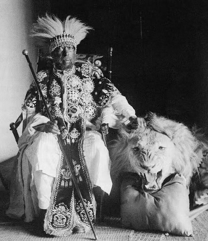 1896, Emperor Menelik II of Ethiopia stands regally in a historical photograph