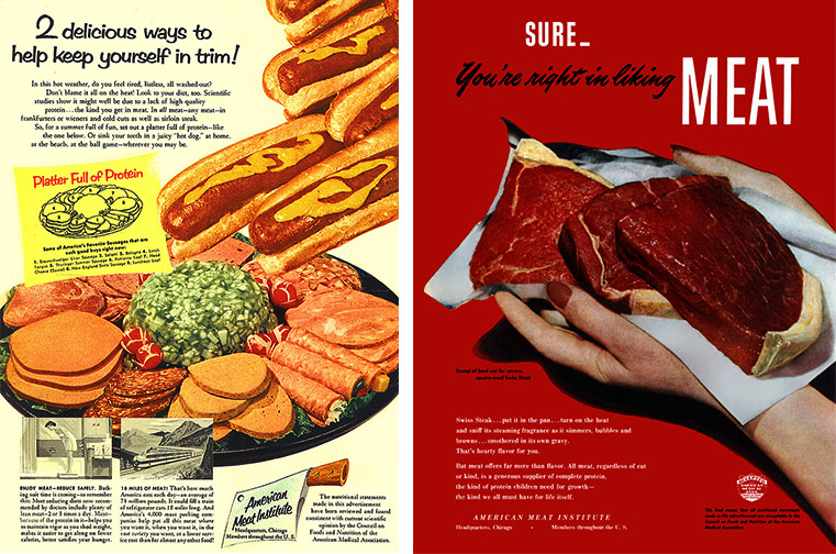 Post-World War II ads from 1956 and 1946 promote the consumption of red meat as a way to stay "in trim.