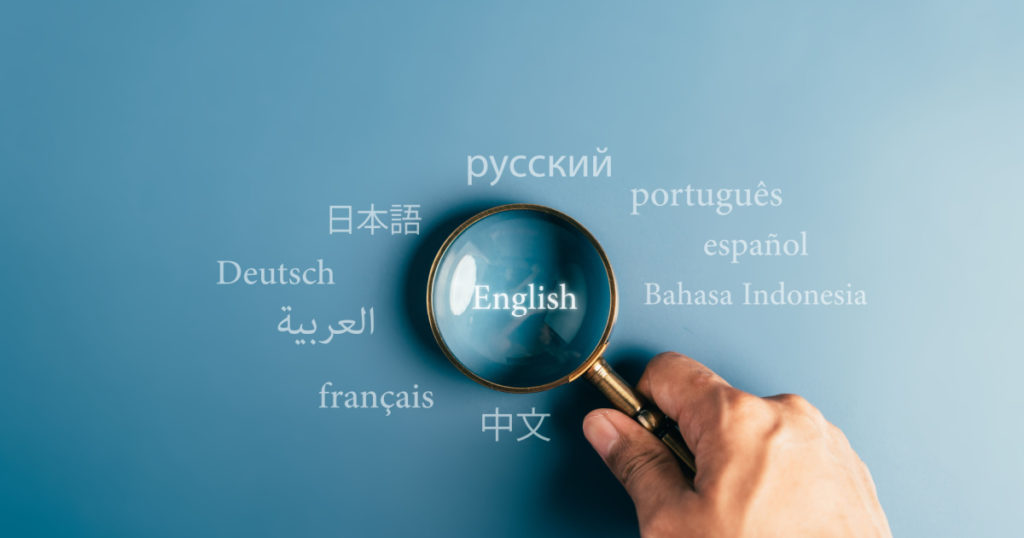 Magnifier focus to english language translation or translate on worldwide language conversation speaking concept.