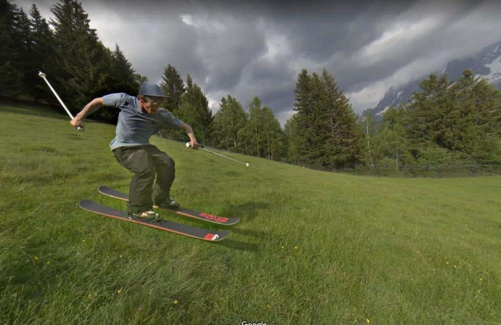 Skiing on grass? Probably not the best idea, but this person gave it a shot. Just another weird moment captured by Google Street View.