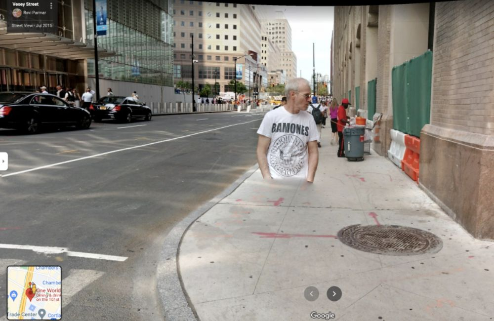 A glitch in the camera made this Ramones fan look like he's floating in mid-air. Just another oddity captured by Google Street View.