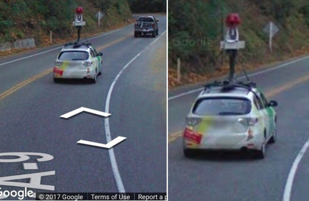 Looks like the Google Street View cars got caught in their own shot, creating a mirror image. Just a funny mishap that resulted in a double capture.