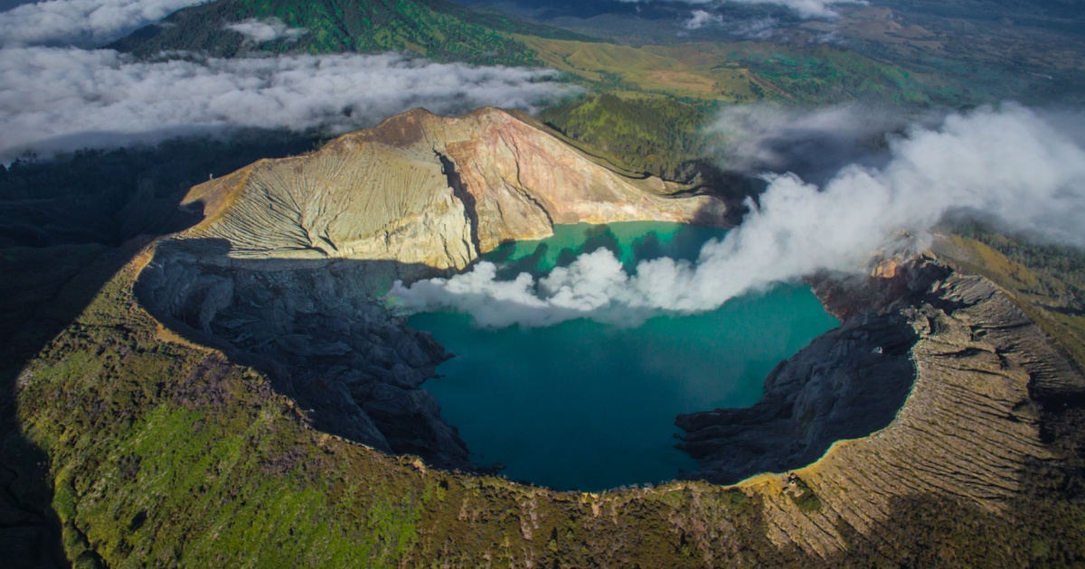 An Aerial Drone View of Kawah Ijen - Early in the Morning. The Ijen volcano complex is a group of composite volcanoes in the Banyuwangi Regency of East Java, Indonesia.