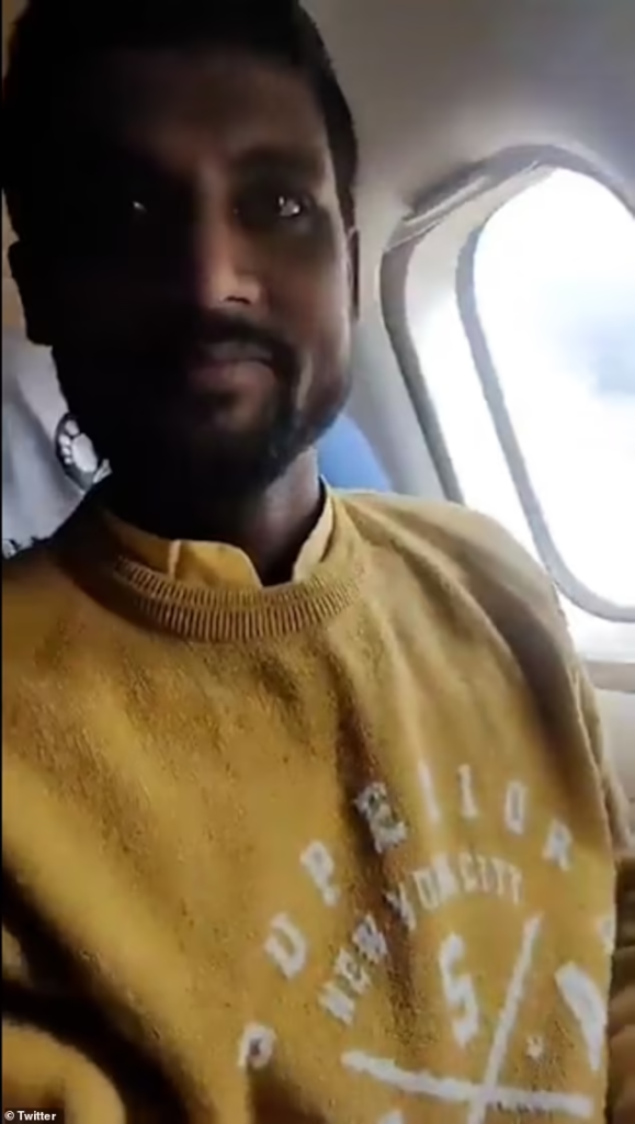 The footage shows a smiling Sonu Jaiswal as the aircraft begins to land